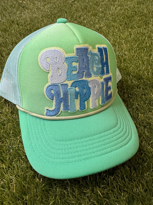 Beach Hippie on tricolor green magna pony trucker hat