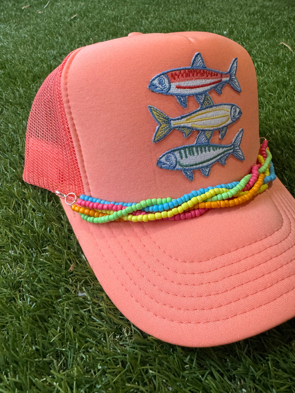 Sardines embroidered patch on Otto comfort foam trucker hat with multi colored beaded hat chain