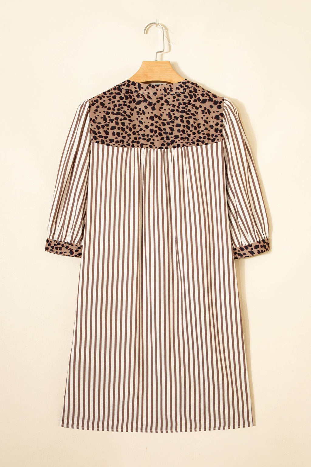 Stripe Button Leopard Trim Bracelet Sleeve Dress (S-XL): Brown / Missy / M