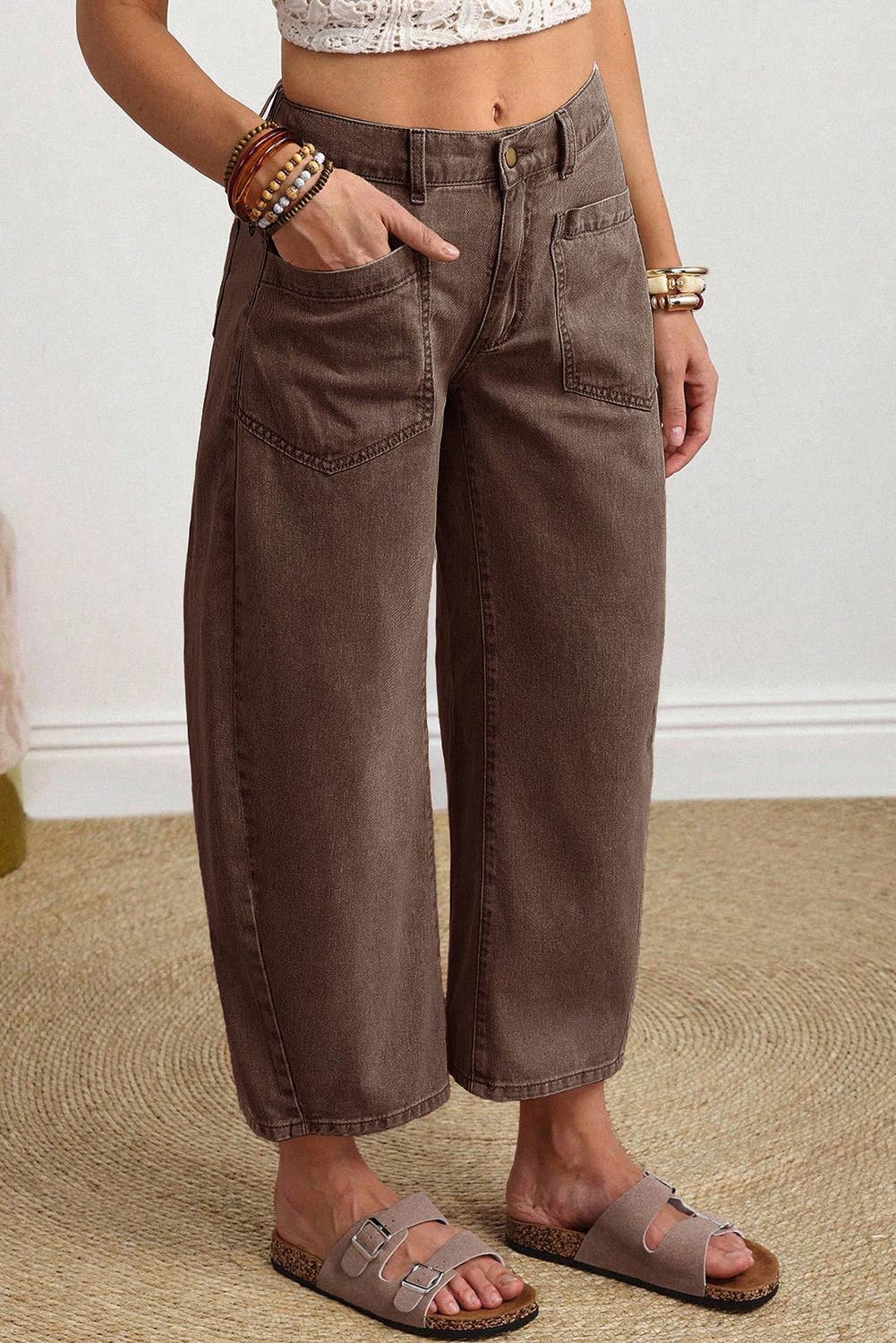 66 Solid Color Square Patch Pocket Ankle-length Barrel Jeans: Brown / 8