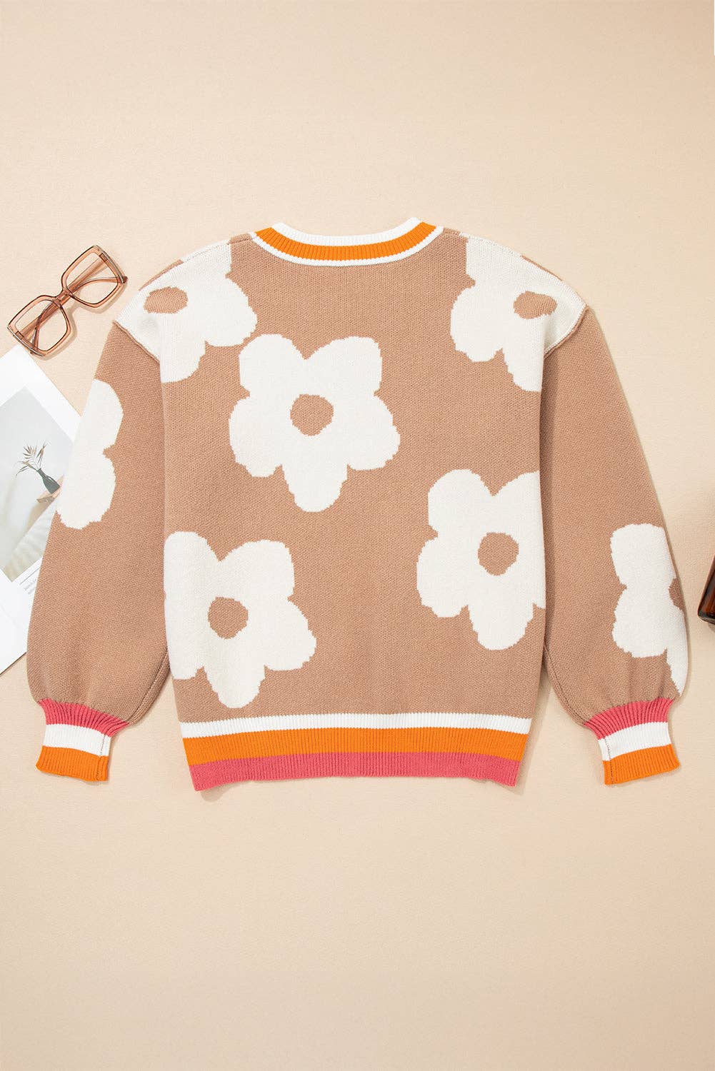 Flower Colorblock Contrast Stripe Baggy Sweater: Smoke Gray / M
