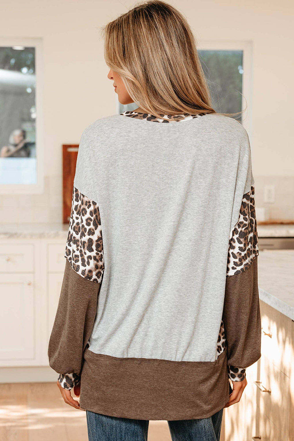 Color Block Leopard Dolman Sleeve High Low Baggy Sweatshirt: Light Pink / 75%Polyester+20%Viscose+5%Elastane / L