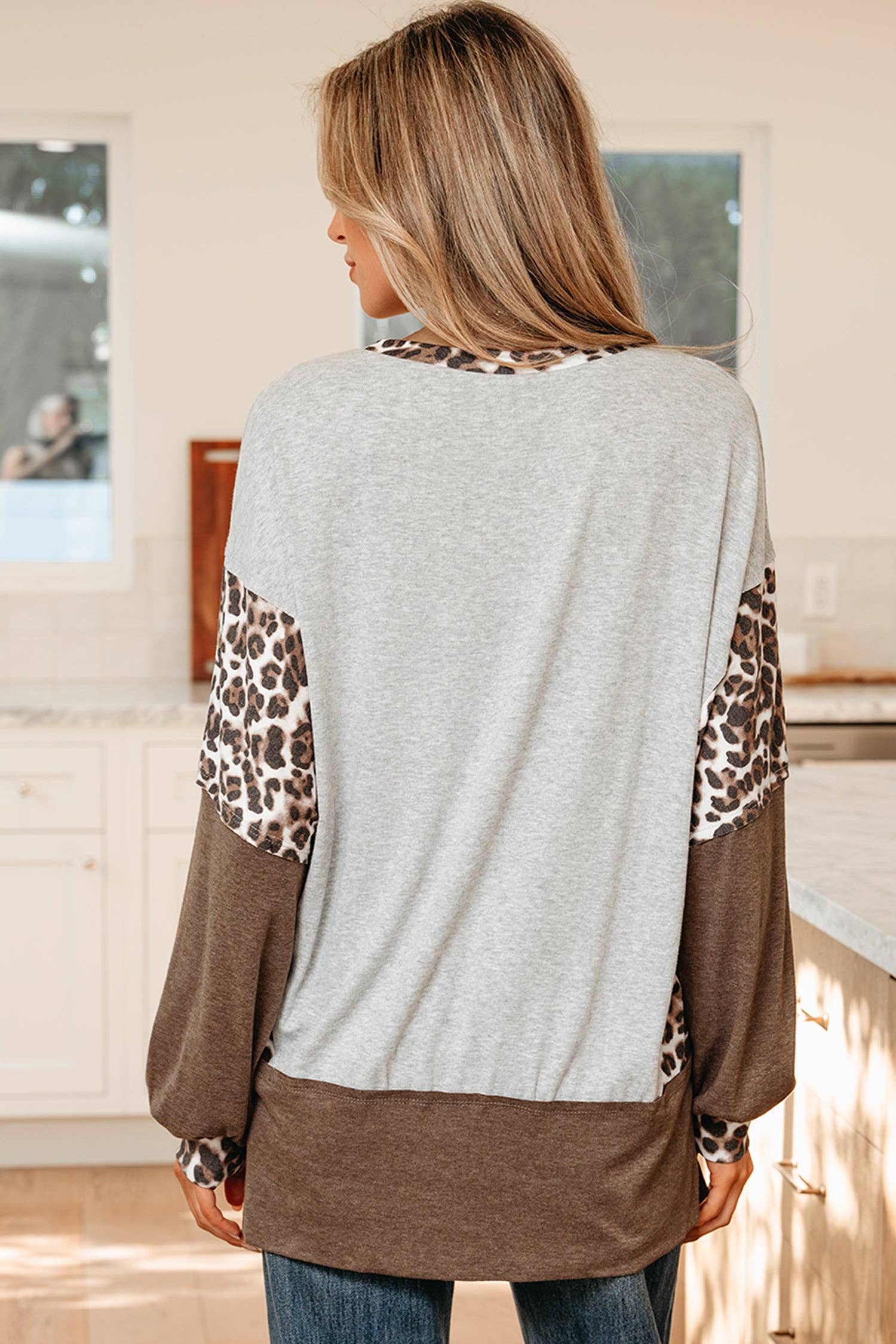 Color Block Leopard Dolman Sleeve High Low Baggy Sweatshirt: Light Pink / 75%Polyester+20%Viscose+5%Elastane / L