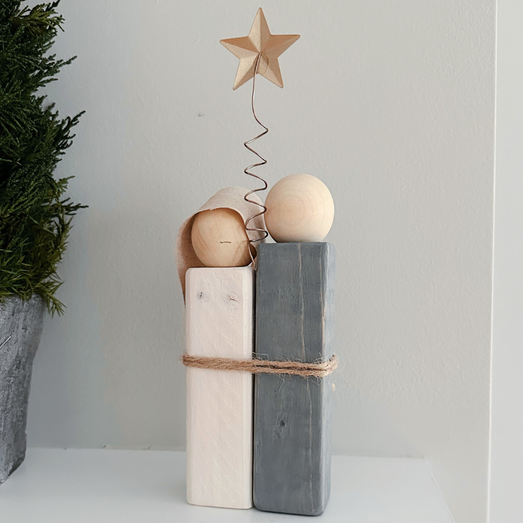 Simple Wooden Nativity Set | Hand-painted | Gift Wrapped: Sage & Dusty Blue