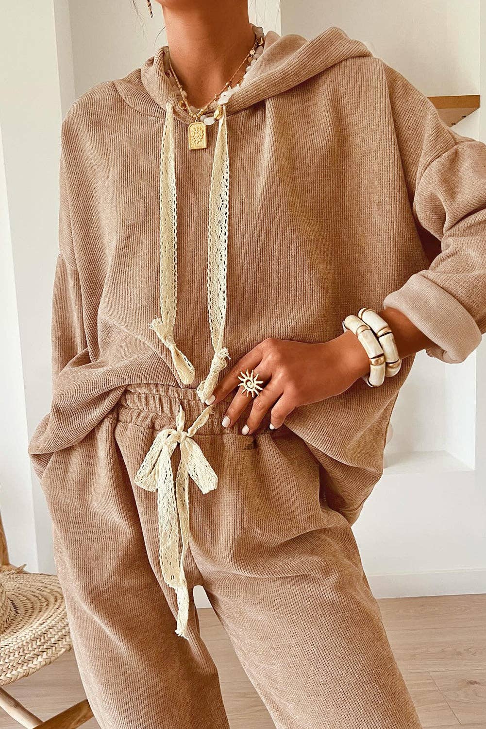 Parchment Leopard Drawstring Pullover Hoodie and High Waist Pants Corduroy Suit: Parchment / 42.5%Polyester+40%Viscose+16%Polyamide+1.5%Elastane / S