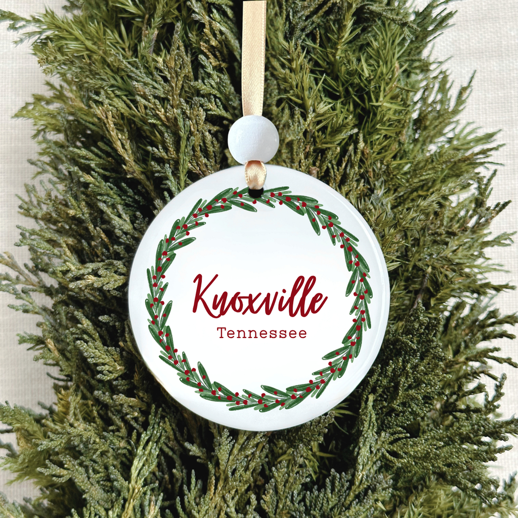 Custom Location Christmas Ornament - Christmas Wreath: Gold