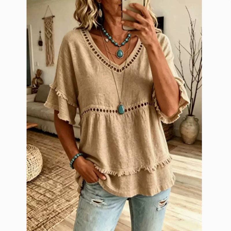 Boho Linen V Neck Blouse Eyelet Ruffle Sleeve: White / 30%cotton70%linen / L