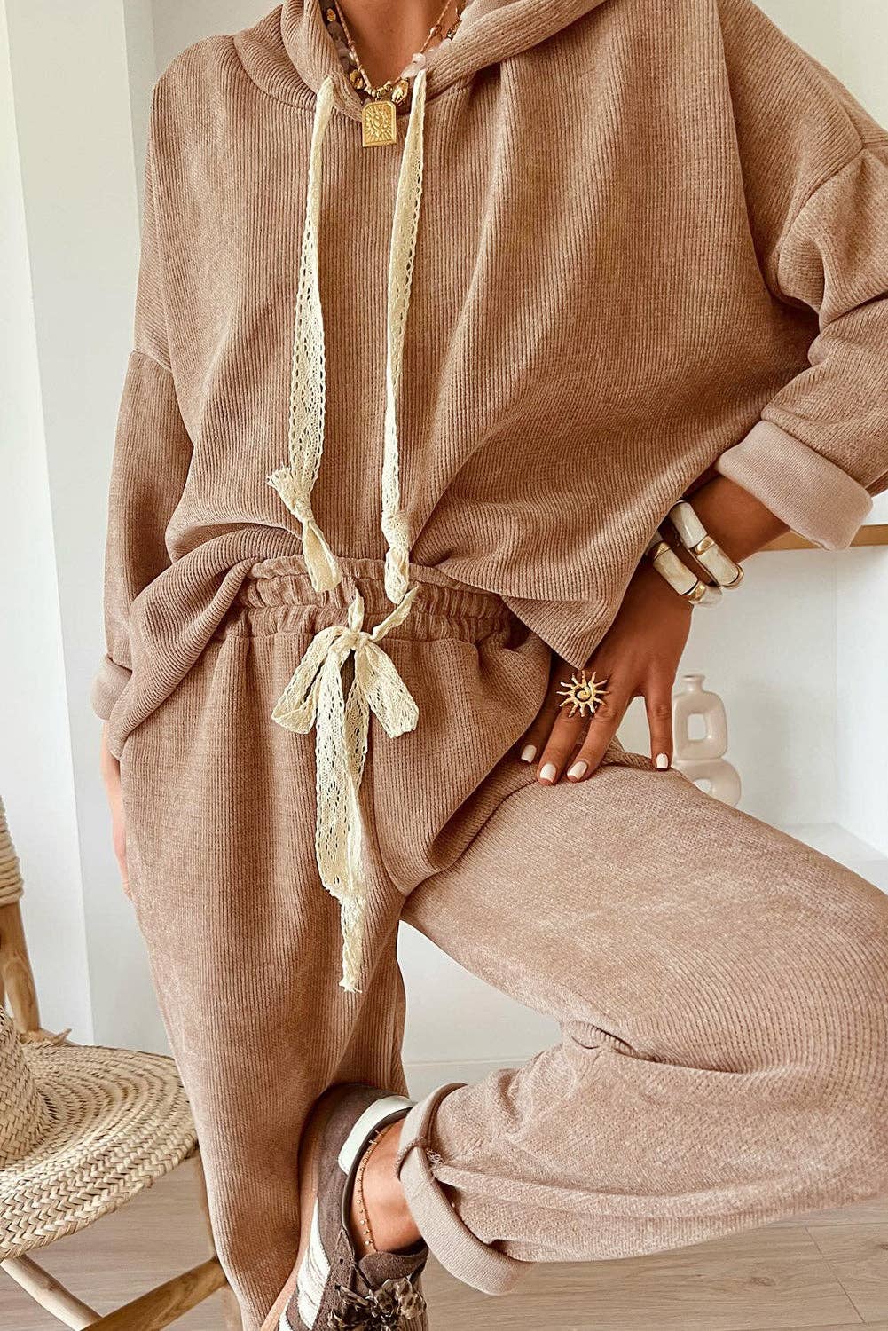 Parchment Leopard Drawstring Pullover Hoodie and High Waist Pants Corduroy Suit: Parchment / 42.5%Polyester+40%Viscose+16%Polyamide+1.5%Elastane / M