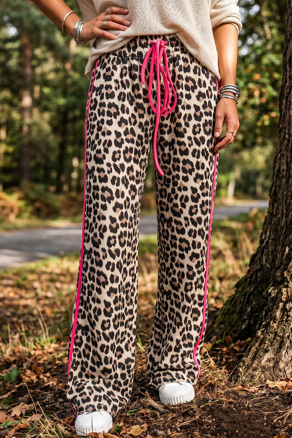 Leopard Print Rose Side Wide leg Stripe Detail Wide Pants: Rose / S