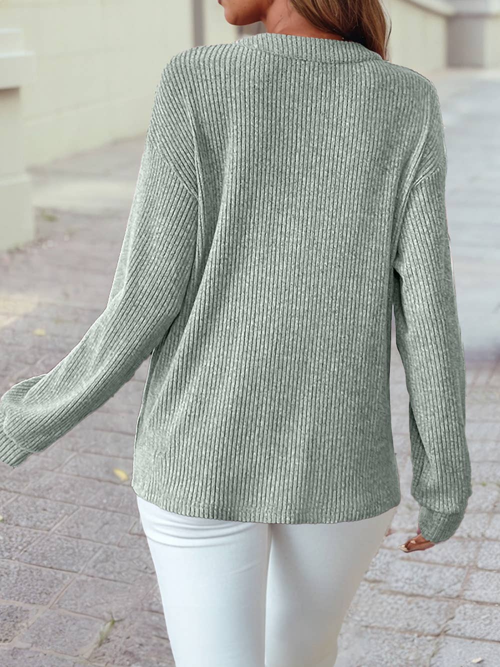 Ribbed Texture Drop Shoulder Henley Knit Top: Clearly Aqua / M