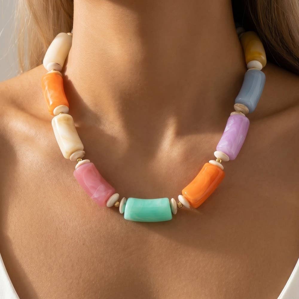 Large Marble Resin Tube Beads Necklace: BR