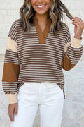 Collar V Neck Color Block Detail Long Sleeve Pullover S-4X: Brown Stripe / M