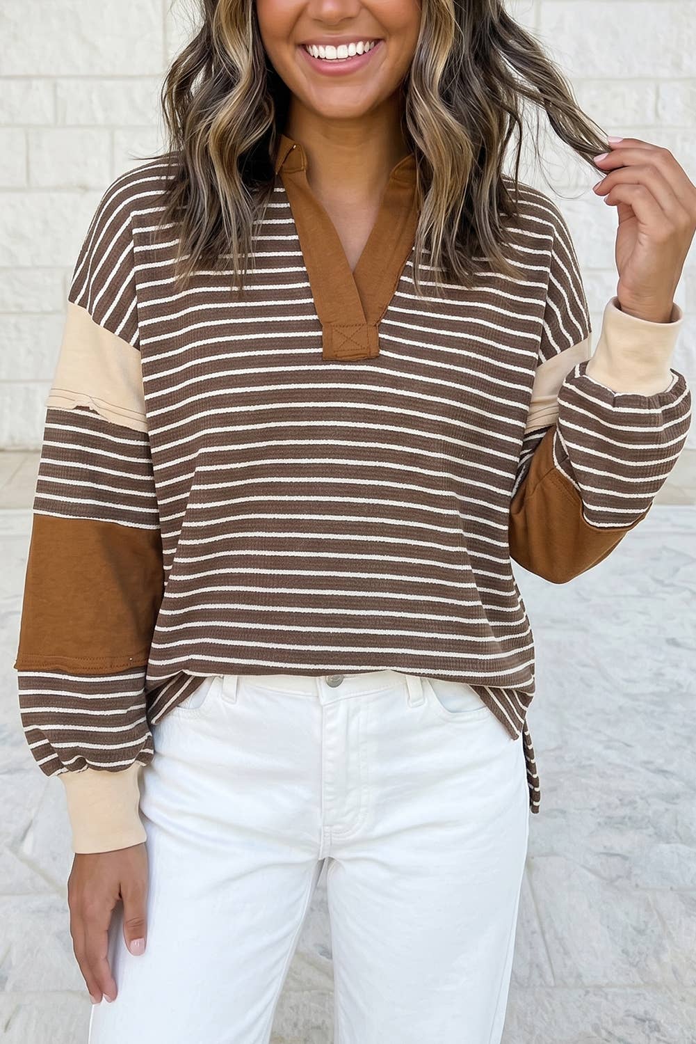 Collar V Neck Color Block Detail Long Sleeve Pullover S-4X: Brown Stripe / M