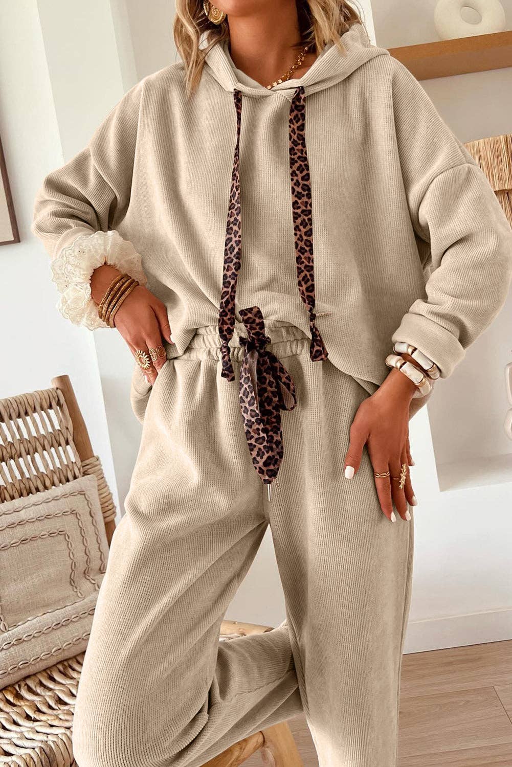 Parchment Leopard Drawstring Pullover Hoodie and High Waist Pants Corduroy Suit: Parchment / 42.5%Polyester+40%Viscose+16%Polyamide+1.5%Elastane / S