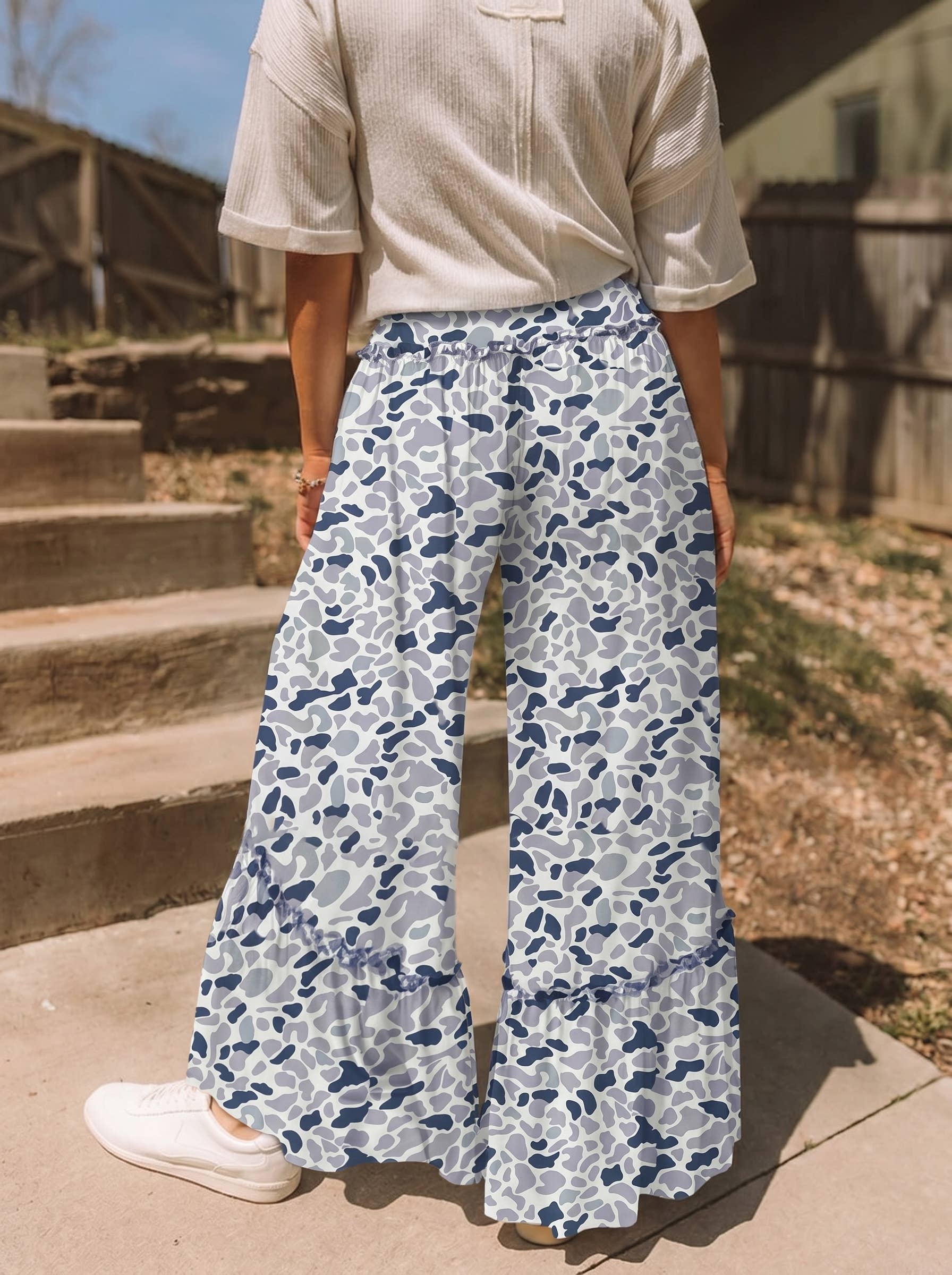 Western Leopard/camo Print Frilled Detail Drawstring Pants: Camo / S