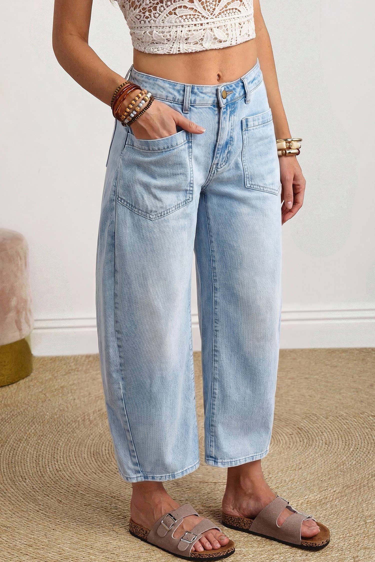 66 Solid Color Square Patch Pocket Ankle-length Barrel Jeans: Brown / 8