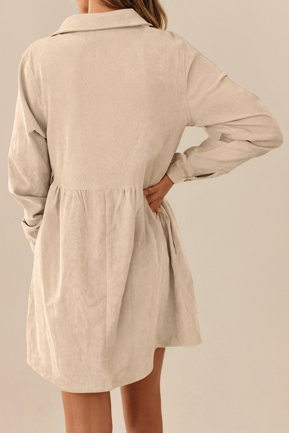 Corduroy Half Button Collared Long Sleeve Mini Fall Dress: Beige / Missy / XL