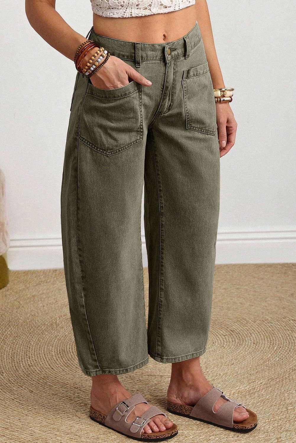 66 Solid Color Square Patch Pocket Ankle-length Barrel Jeans: Brown / 8