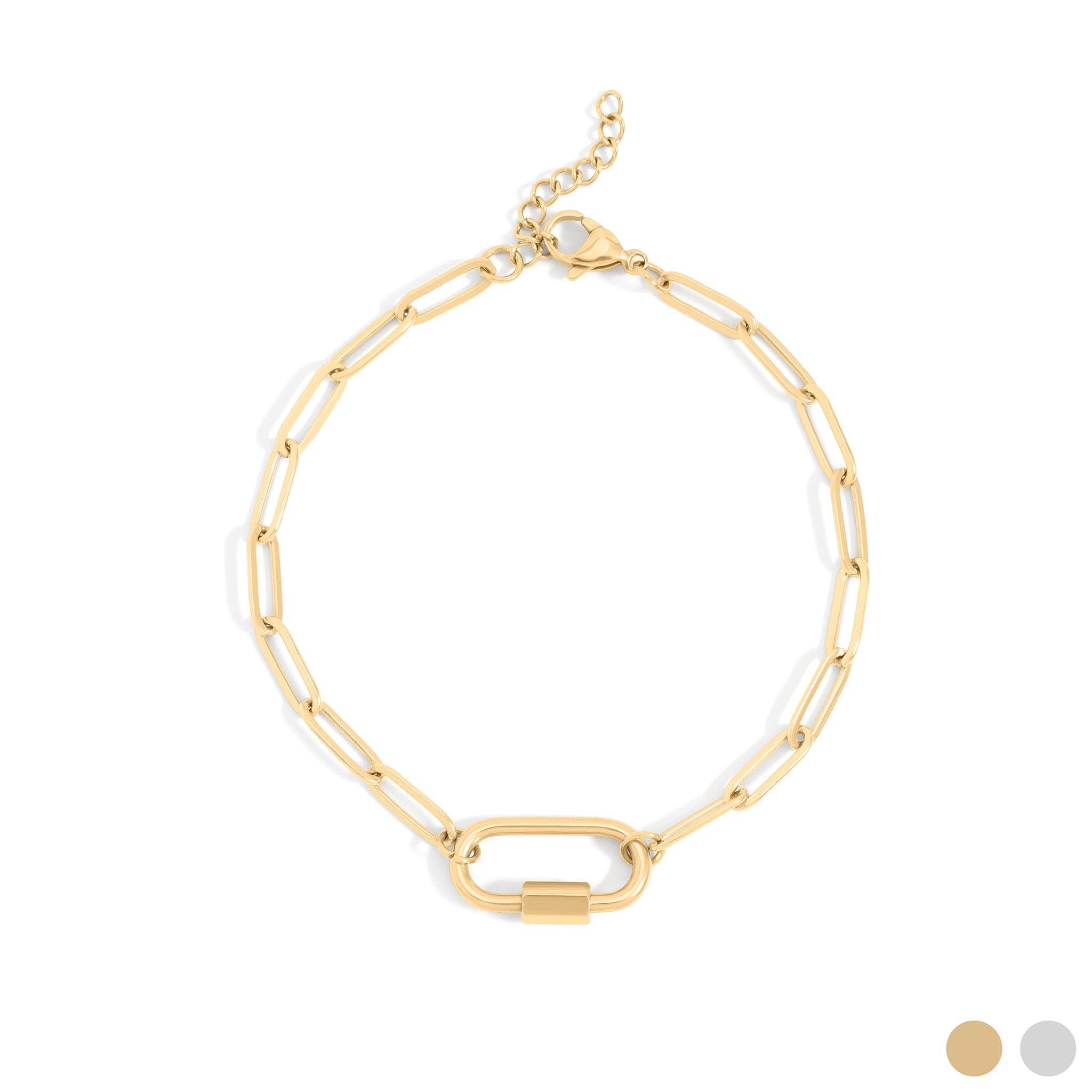 18K Gold PVD Stainless Steel Paperclip Carabiner Bracelet: Gold