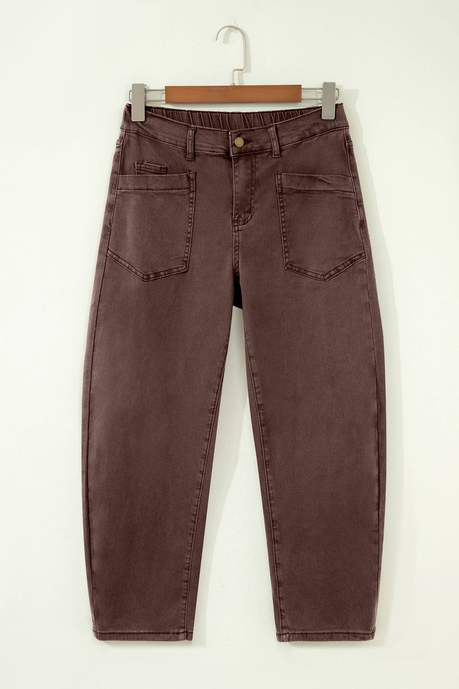 66 Solid Color Square Patch Pocket Ankle-length Barrel Jeans: Brown / 8
