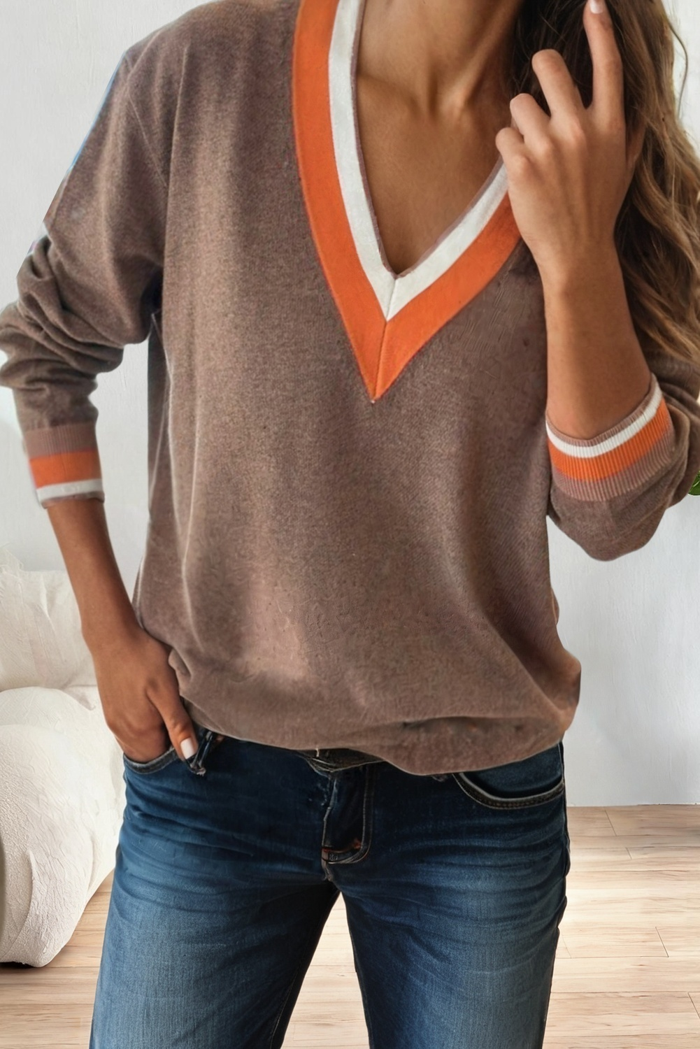 Contrast Striped Trim V Neck Varsity sweaters for women: Gray / Missy / L