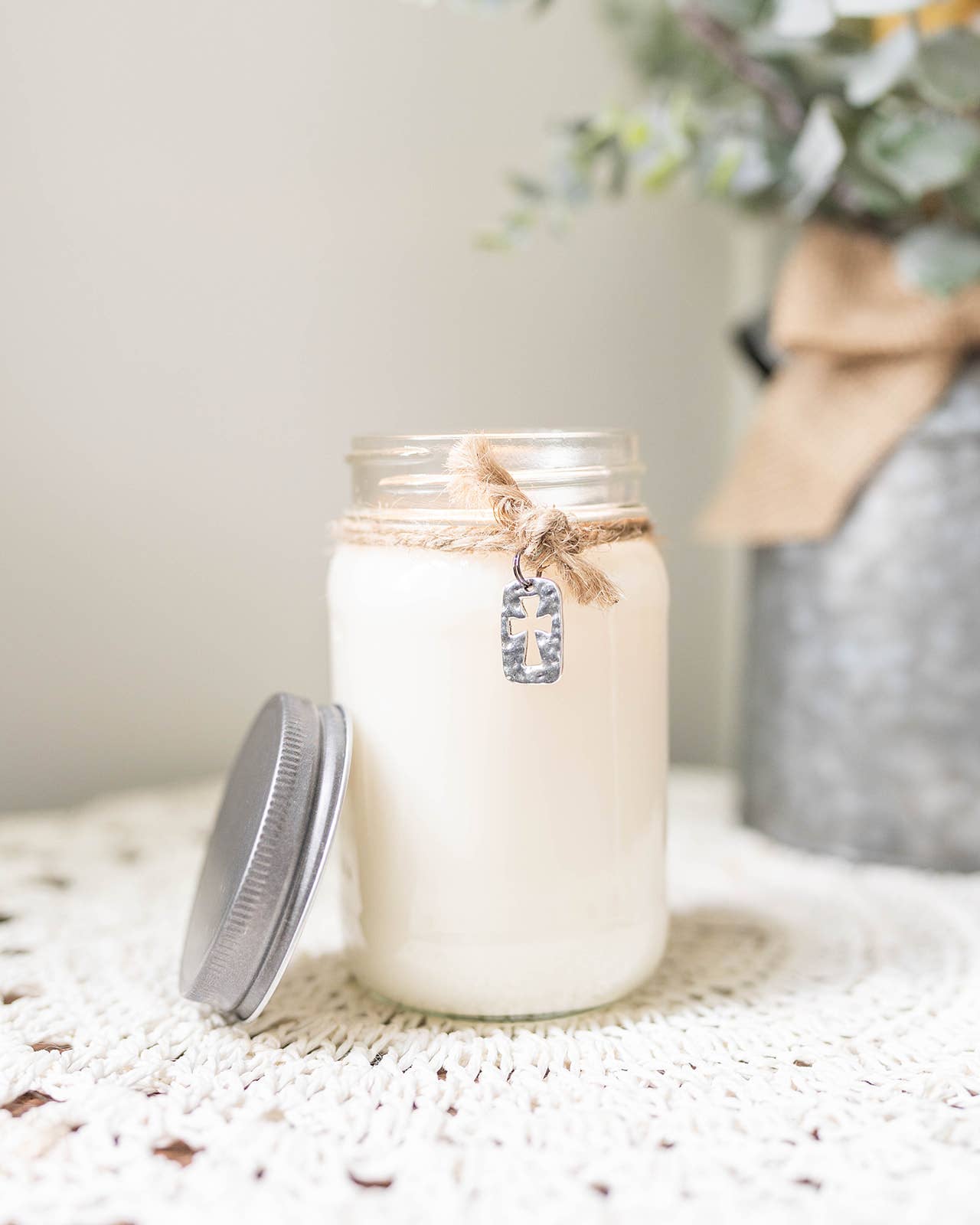 Mason Jar Candle with Cross Charm: Blue Lagoon