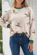Mallard Duck Print Ribbed Casual Pullover S-4X: Beige / S