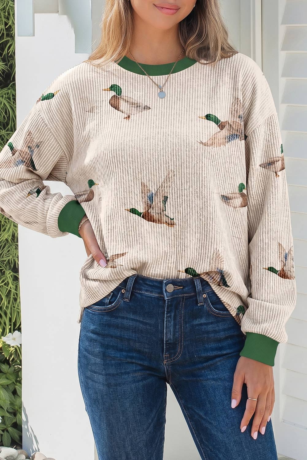 Mallard Duck Print Ribbed Casual Pullover S-4X: Beige / XL