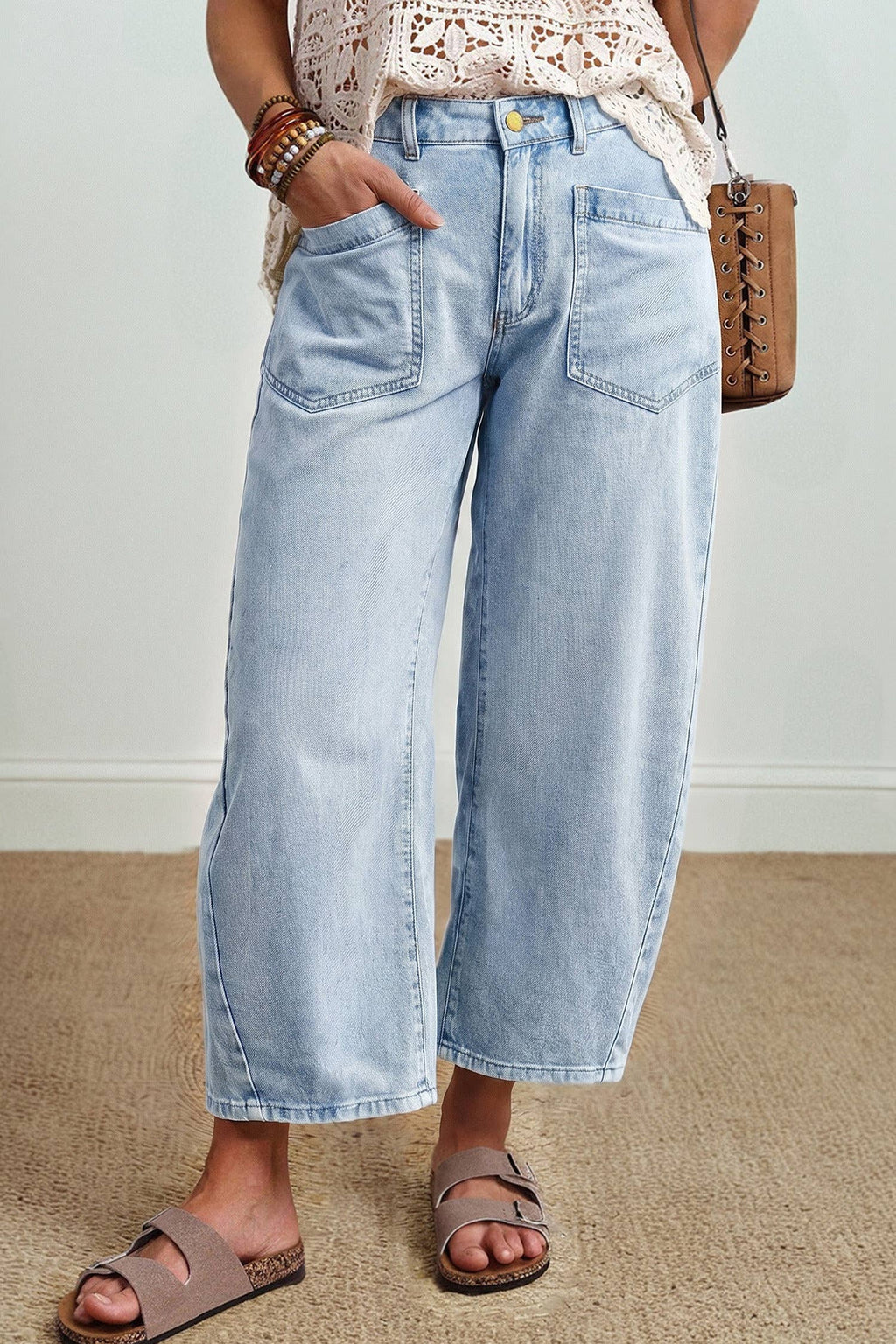 66 Solid Color Square Patch Pocket Ankle-length Barrel Jeans: Brown / 8