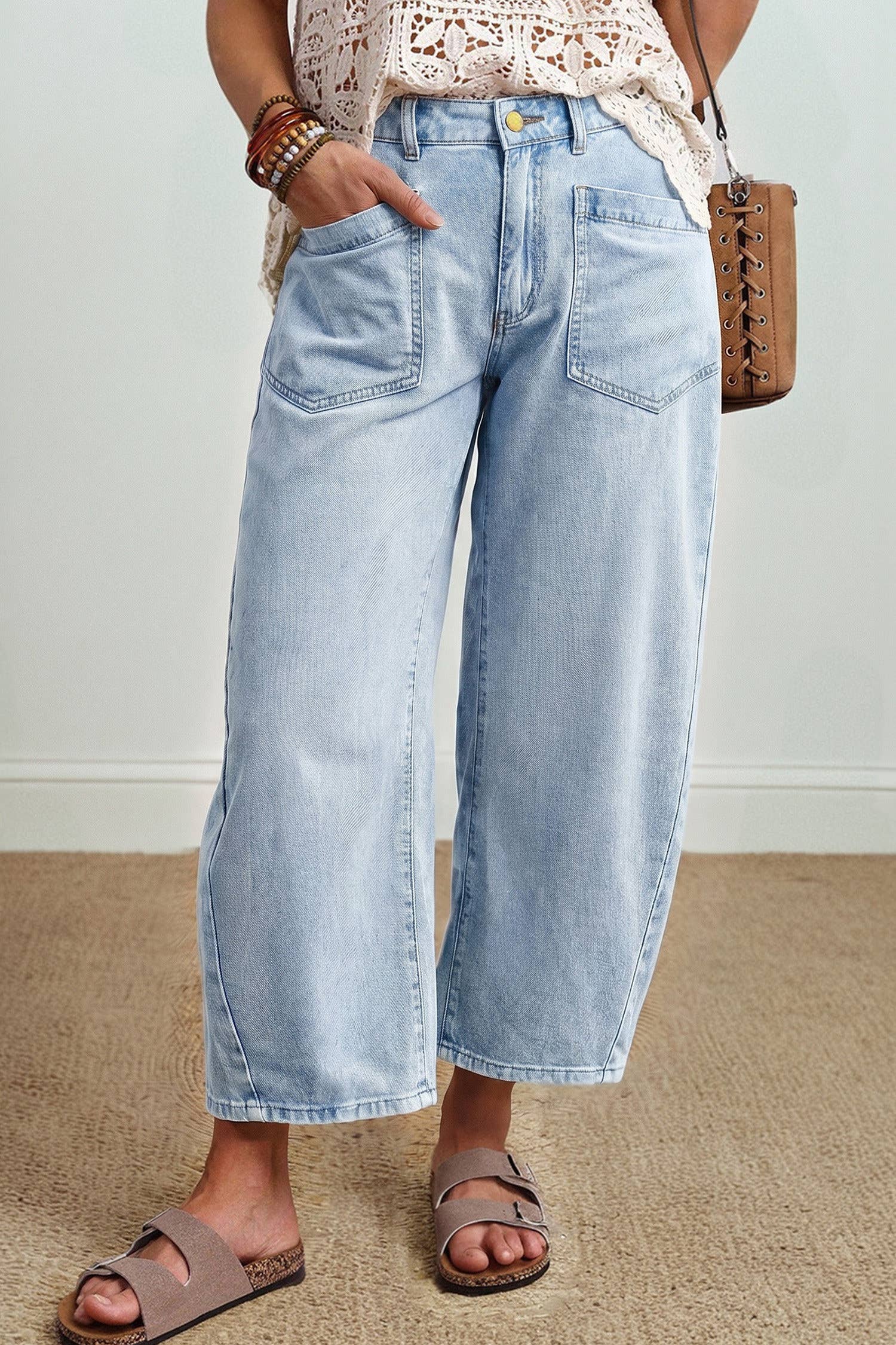 66 Solid Color Square Patch Pocket Ankle-length Barrel Jeans: Brown / 8