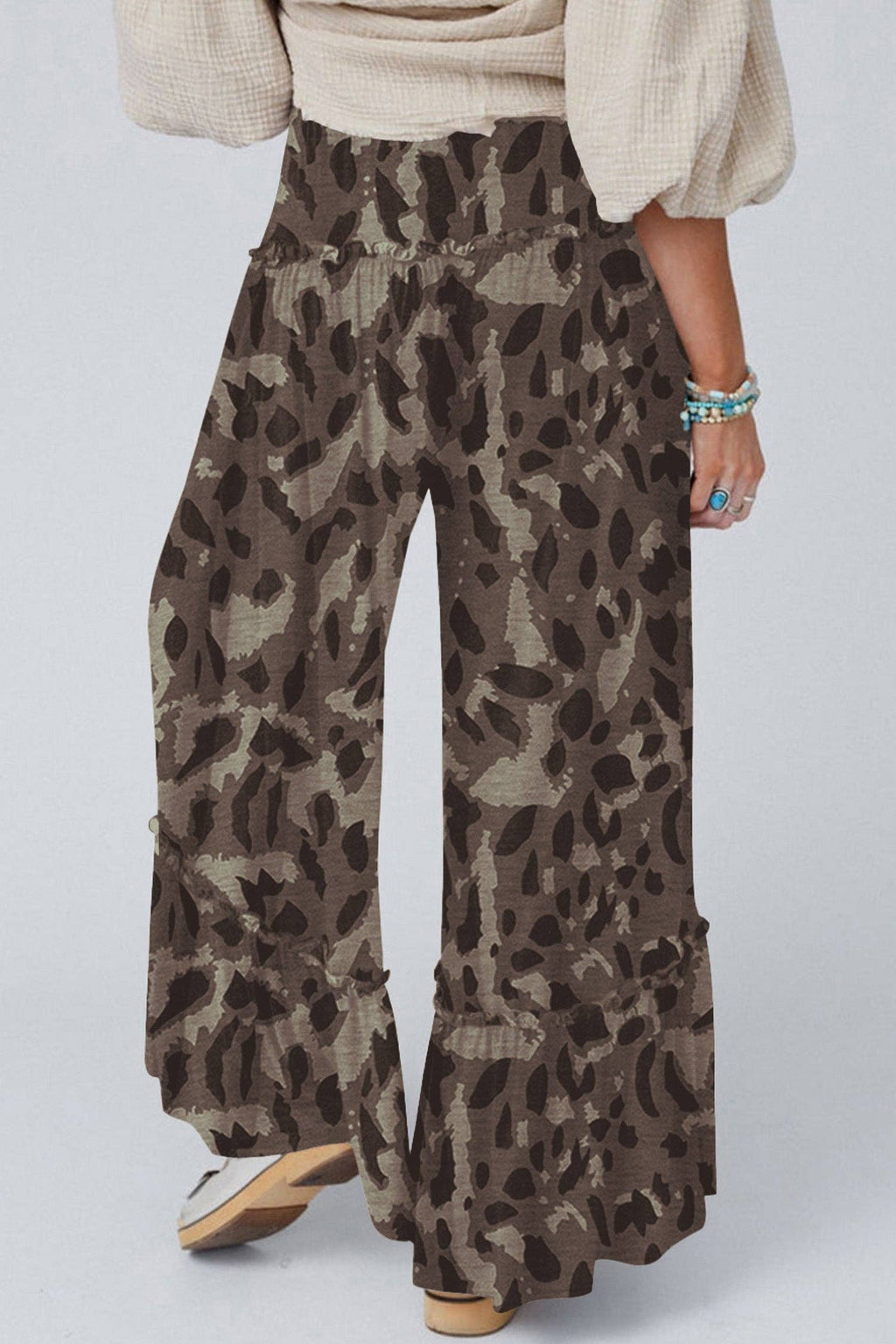 Camo Print Wide Leg Casual Pants: Multicolour / 95%Polyester+5%Elastane / XL