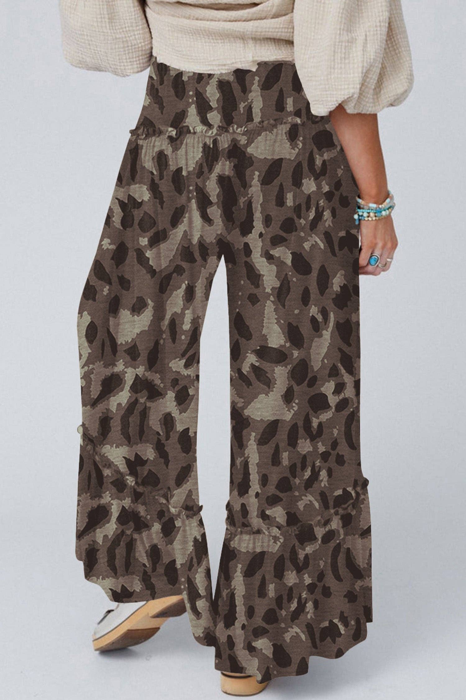 Camo Print Wide Leg Casual Pants: Multicolour / 95%Polyester+5%Elastane / XL