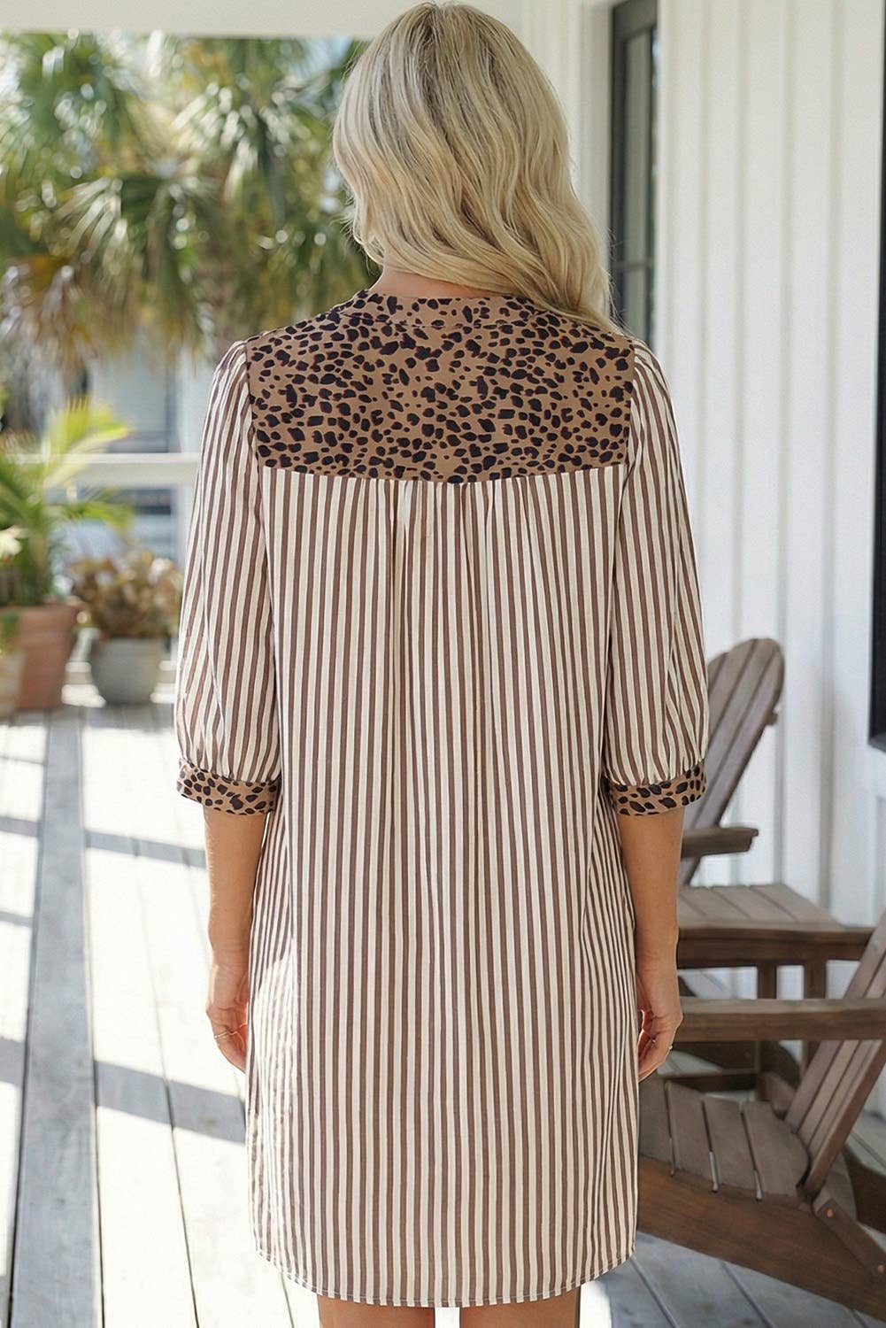 Stripe Button Leopard Trim Bracelet Sleeve Dress (S-XL): Brown / Missy / L