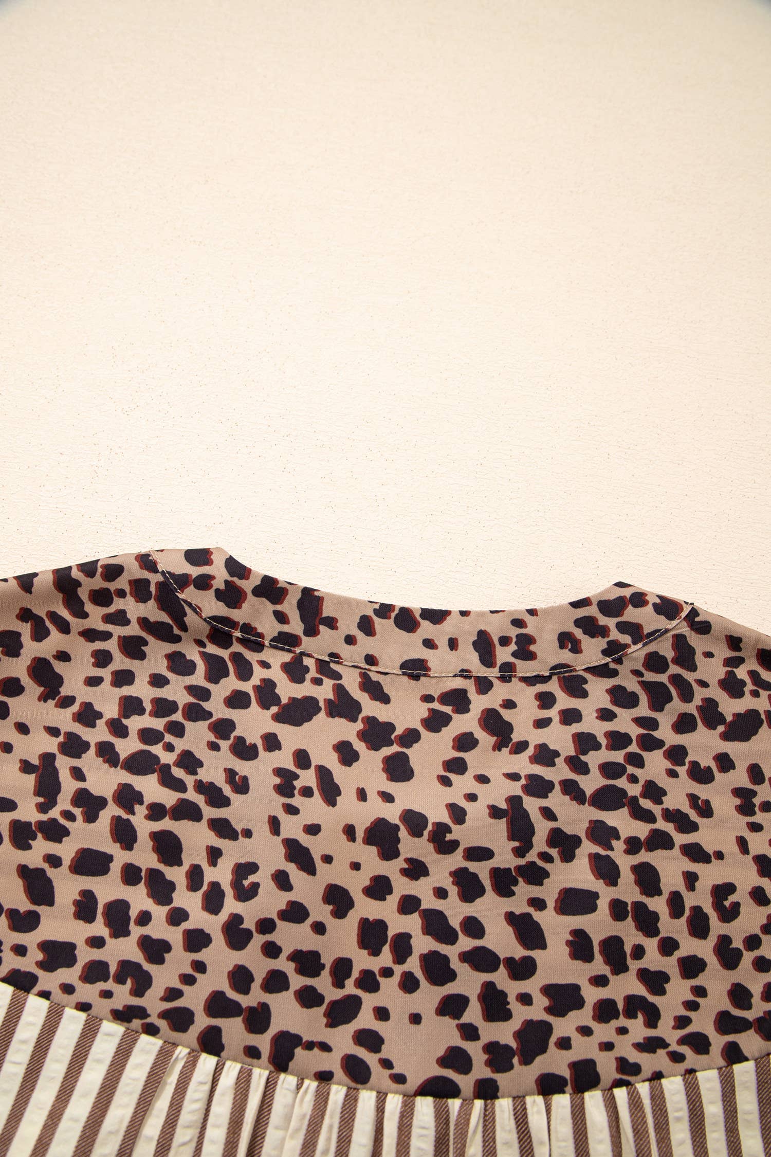 Stripe Button Leopard Trim Bracelet Sleeve Dress (S-XL): Brown / Missy / M