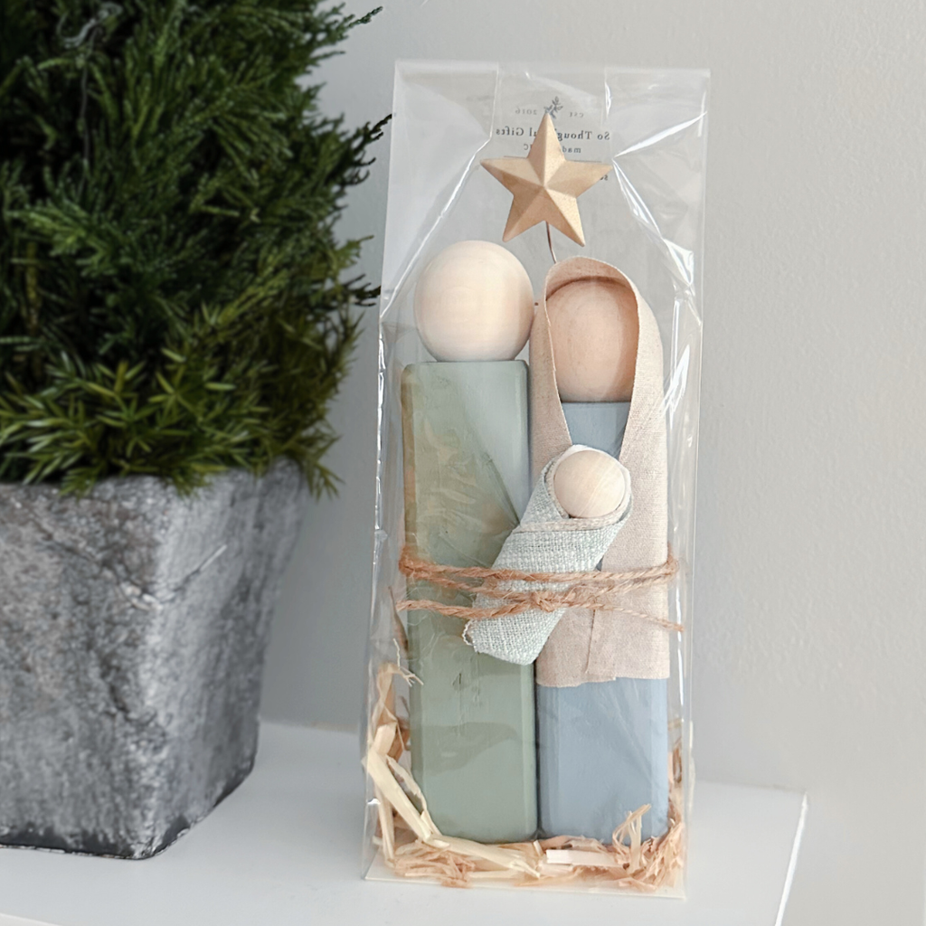 Simple Wooden Nativity Set | Hand-painted | Gift Wrapped: Sage & Dusty Blue