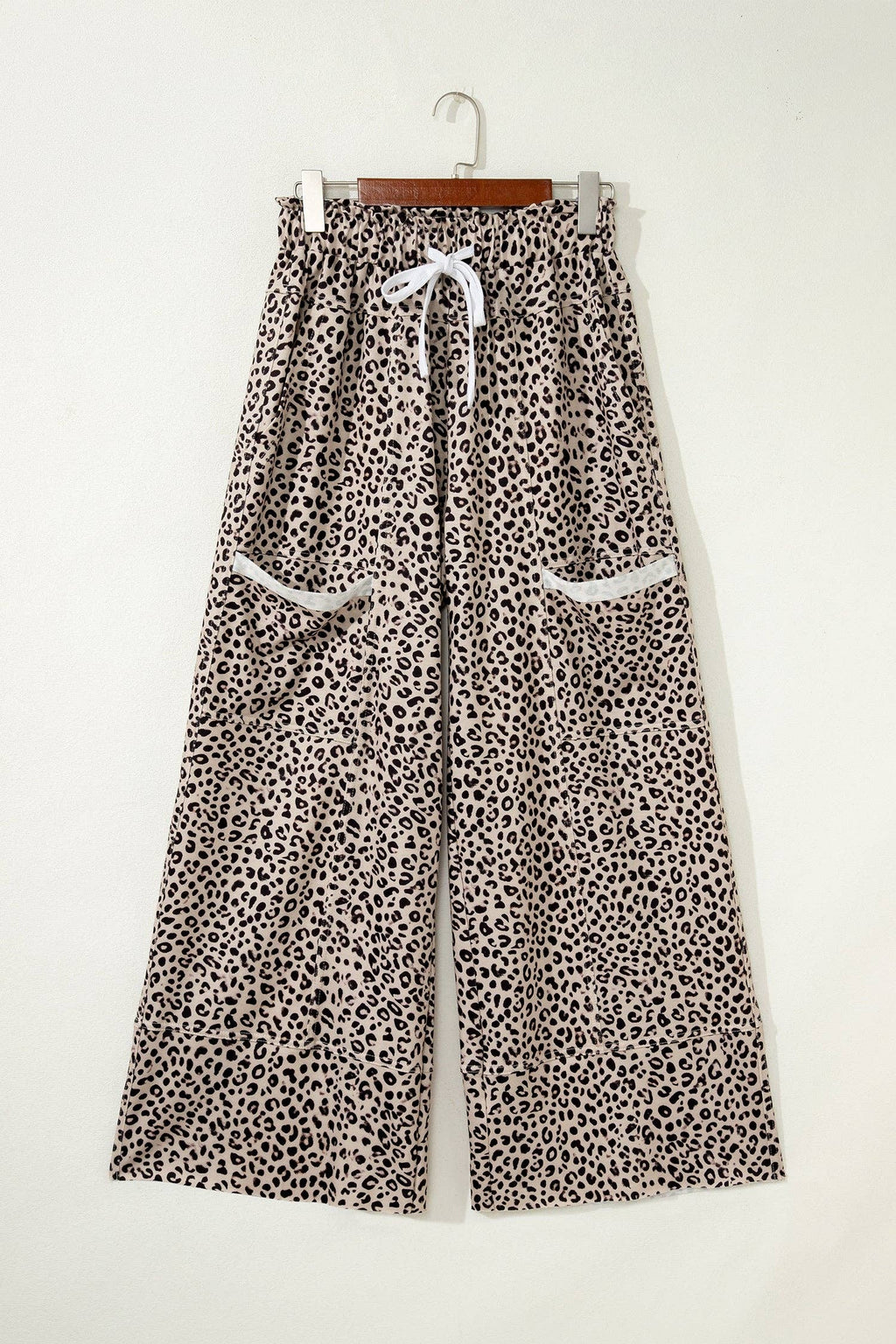 Khaki Animal Print Wide Leg Terry Knit Pants: Khaki / 95%Polyester+5%Elastane / XL