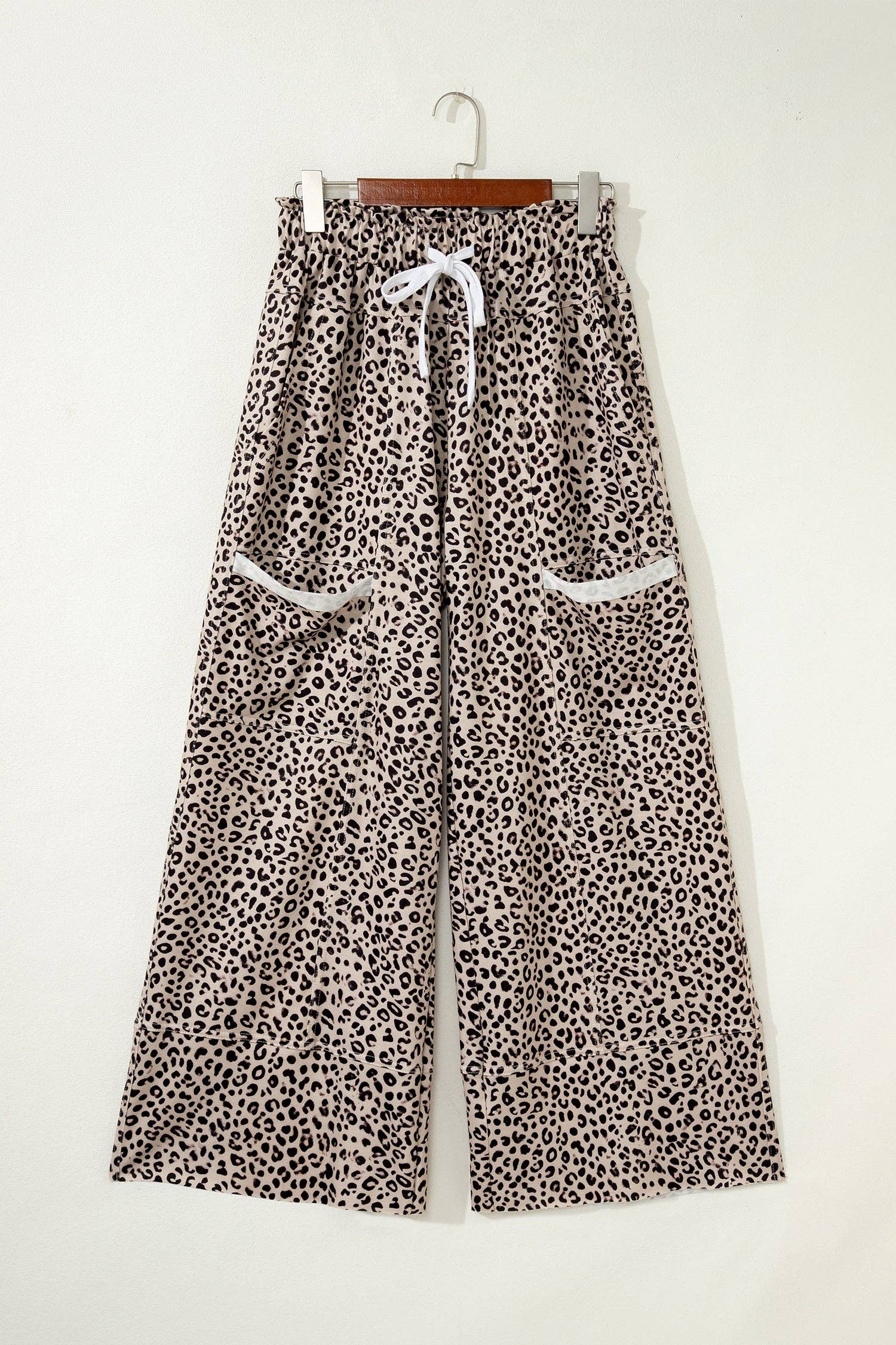 Khaki Animal Print Wide Leg Terry Knit Pants: Khaki / 95%Polyester+5%Elastane / XL