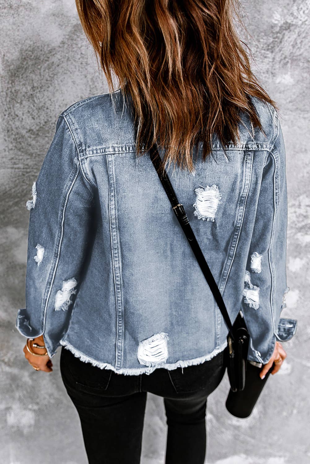 Lapel Distressed Raw Hem Buttons Denim Jacket: Sky Blue / M