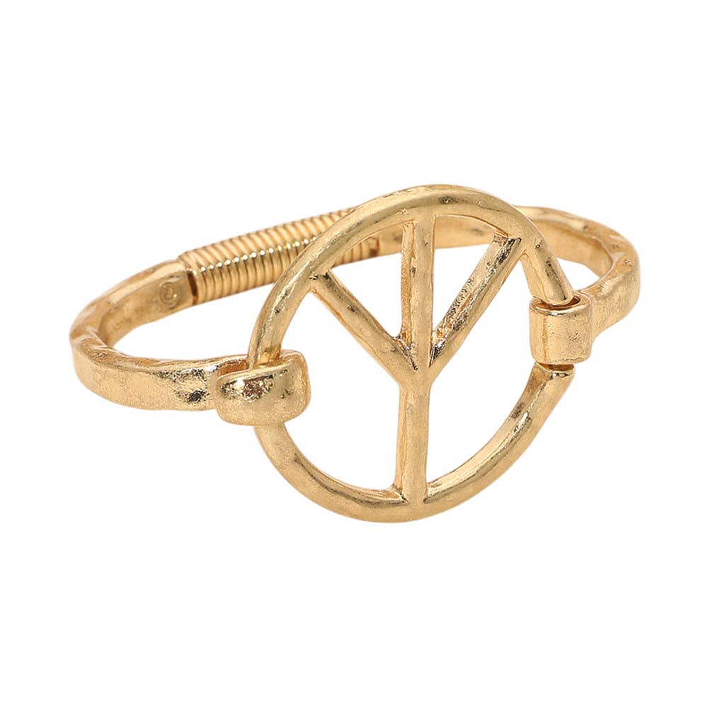 Worn Metal Peace Symbol Bangle Bracelet: Worn Gold