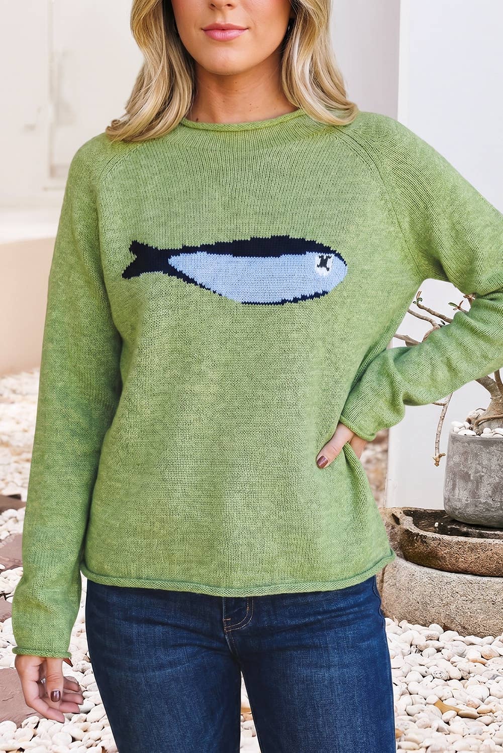 LDC Marine Fish Pattern Raw Edge Loose Sweater Cardigan|S-4X: Meadow Mist Green / S