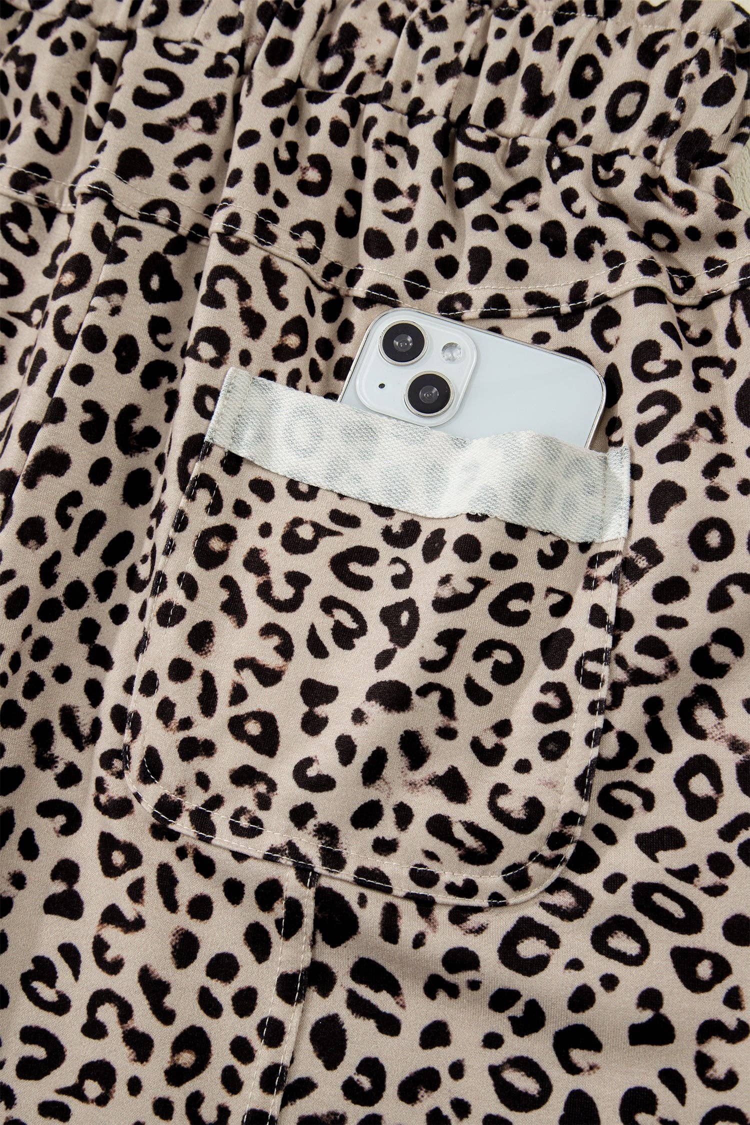 Khaki Animal Print Wide Leg Terry Knit Pants: Khaki / 95%Polyester+5%Elastane / XL