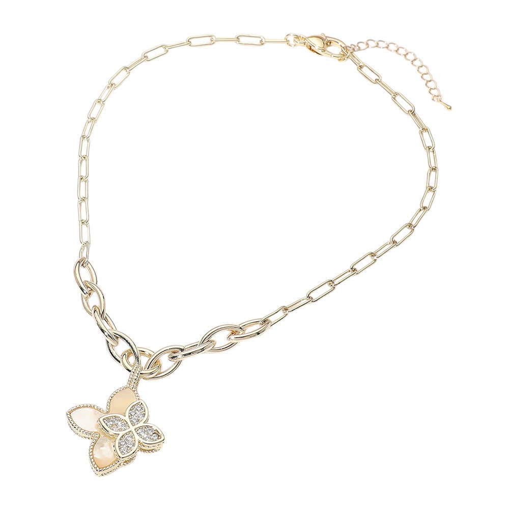 14K Gold Plated Double CZ Mother of Pearl Floral Charm Pendant Necklace