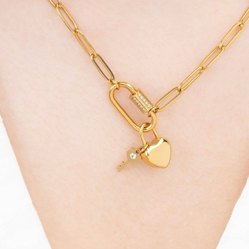 18K Gold PVD Stainless Steel Heart Lock and Key Charm: Stainless