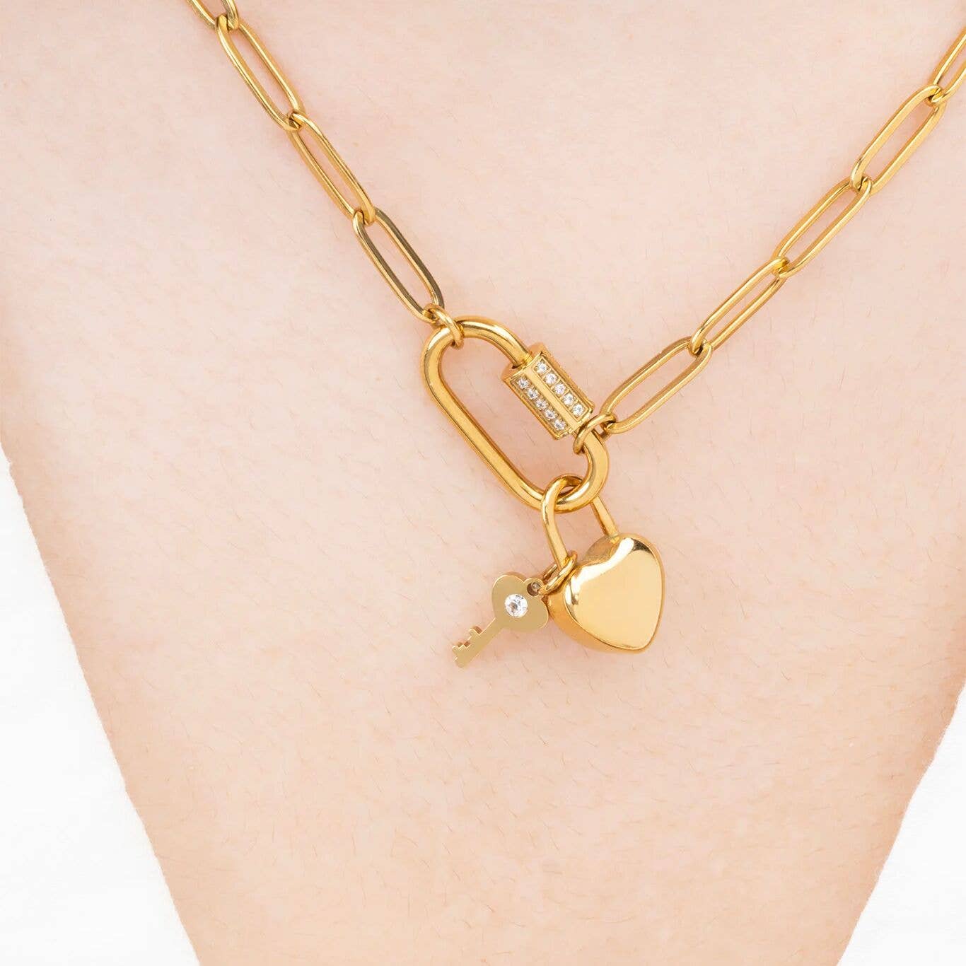 18K Gold PVD Stainless Steel Heart Lock and Key Charm: Stainless