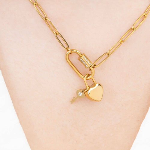 18K Gold PVD Stainless Steel Heart Lock and Key Charm: Gold