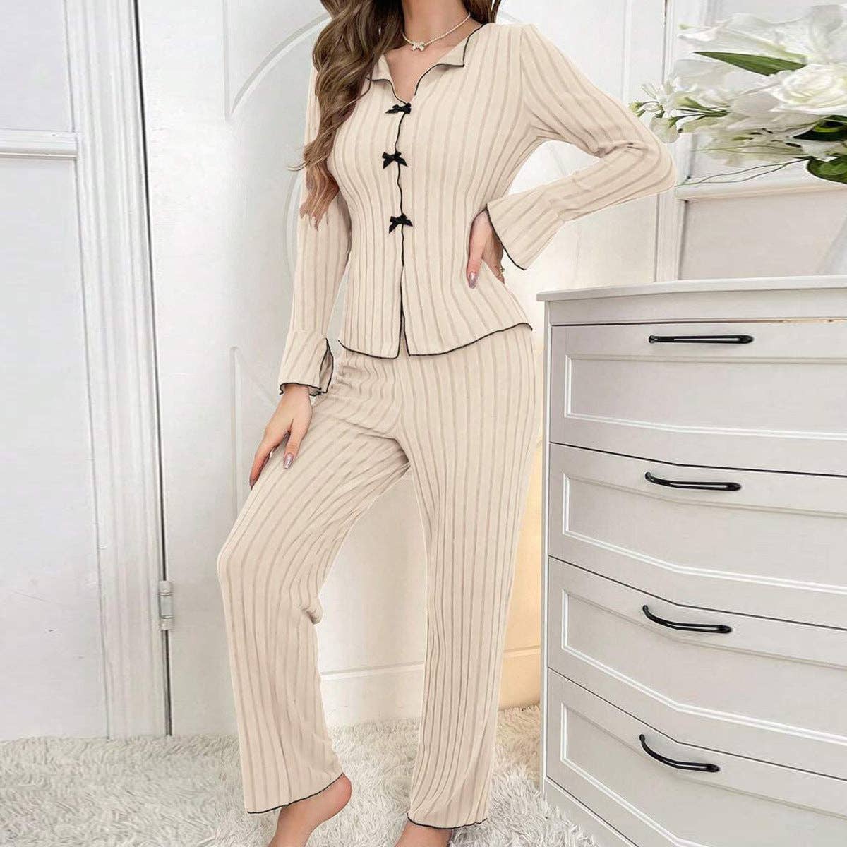 Women's Pajama Set Cozy All-Season Polyester Sleepwear: Off-white / L