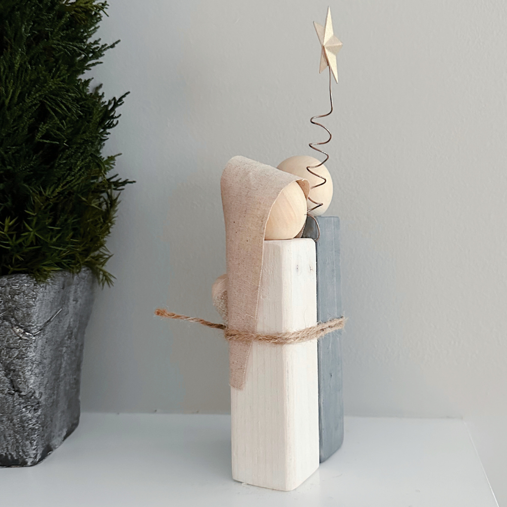 Simple Wooden Nativity Set | Hand-painted | Gift Wrapped: Sage & Dusty Blue
