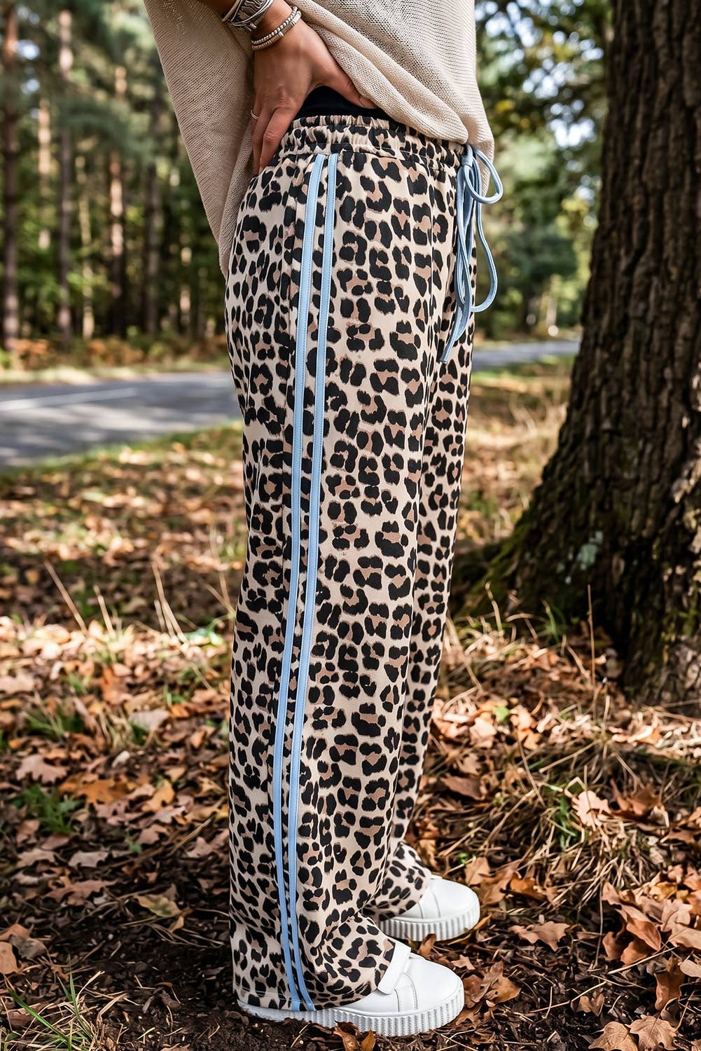 Leopard Print Rose Side Wide leg Stripe Detail Wide Pants: Rose / M