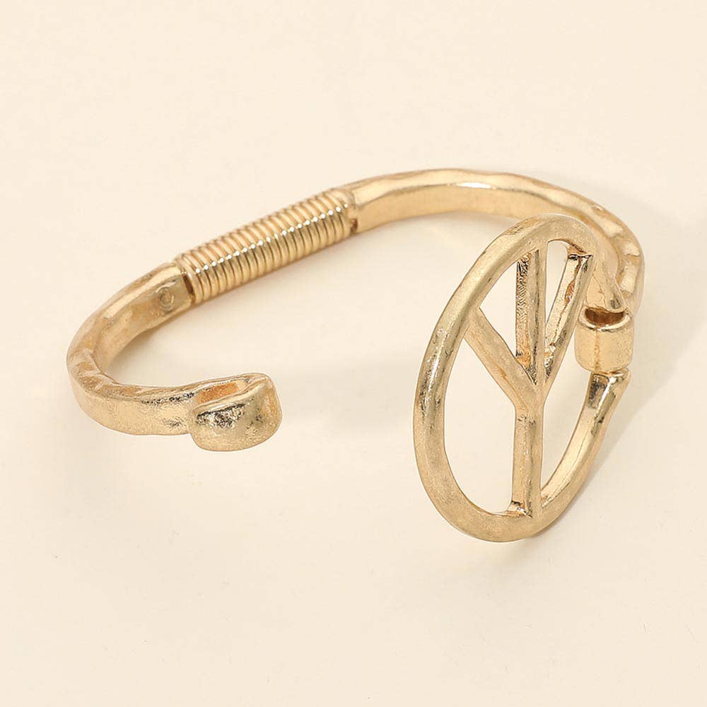 Worn Metal Peace Symbol Bangle Bracelet: Worn Gold