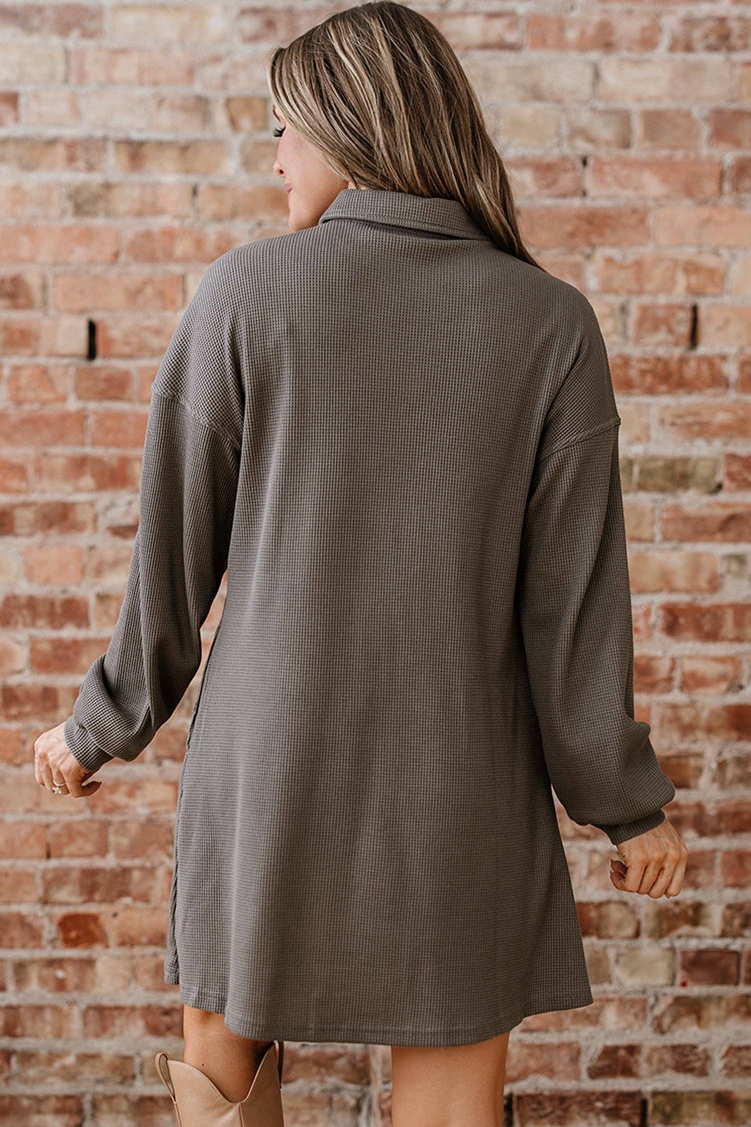 Simply Taupe Waffle Knit Shirt Tunic Dress: Simply Taupe / 75%Polyester+25%Cotton / S